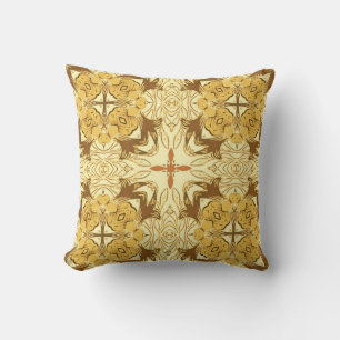 Batik Mandala Pattern Mustard Gold and Brown Throw Cushion