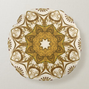 Batik Mandala Pattern Mustard Gold and Cream Round Cushion
