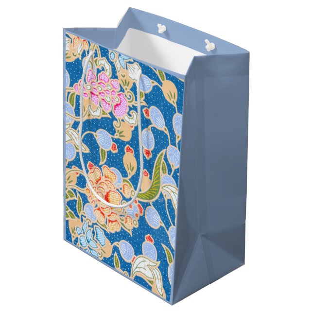  Batik Style Pattern Dots Flowers Blue Background  Medium Gift Bag (Back Angled)