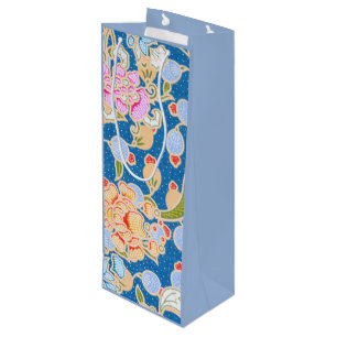 Batik Style Pattern Dots Flowers Blue Background Wine Gift Bag