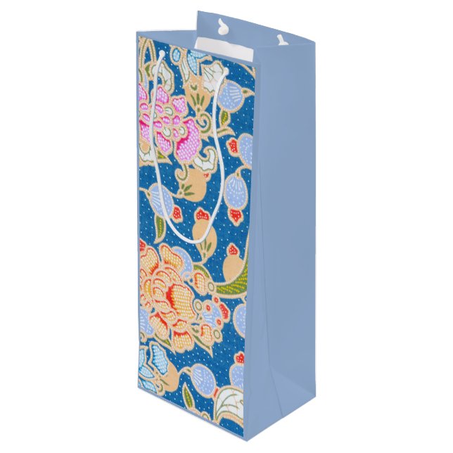  Batik Style Pattern Dots Flowers Blue Background  Wine Gift Bag (Back Angled)
