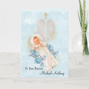 Batismal Baby Boy Christening Cross Dove Card