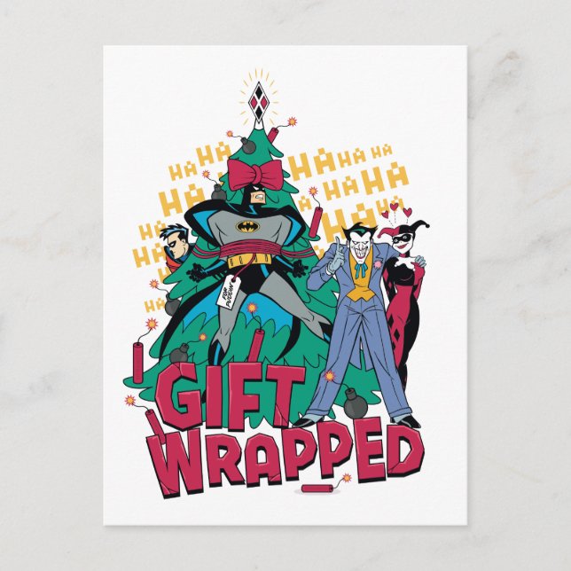 Batman | Batman & Robin Gift Wrapped To XMas Tree Holiday Postcard (Front)