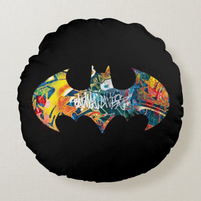 Batman Logo Neon 80's Graffiti Round Cushion (Front)