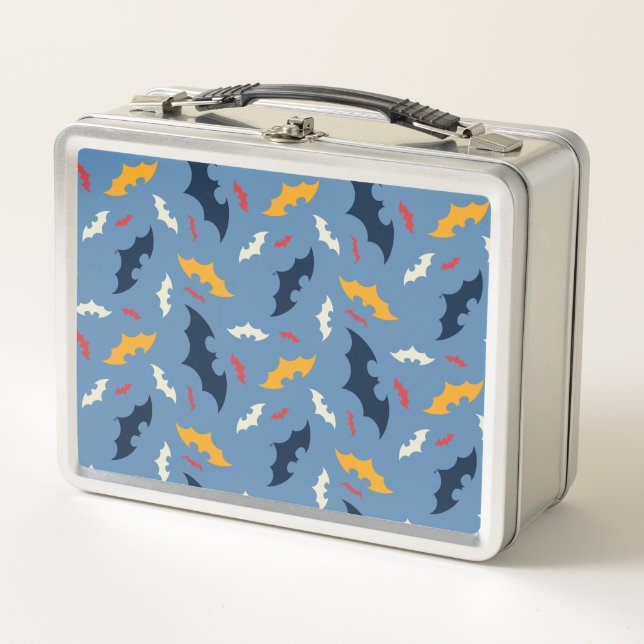 Batman | Red, Blue, and Yellow Bat Logo Pattern Metal Lunch Box (Front)