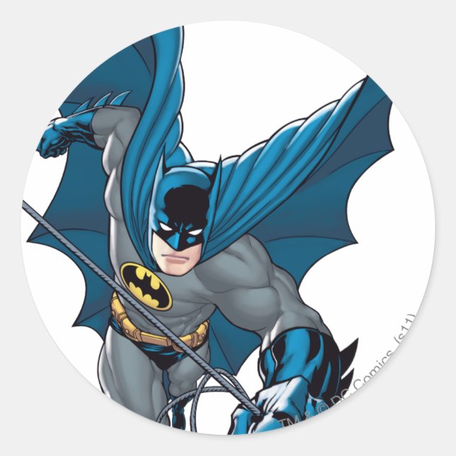 Batman swings from rope classic round sticker (Front)