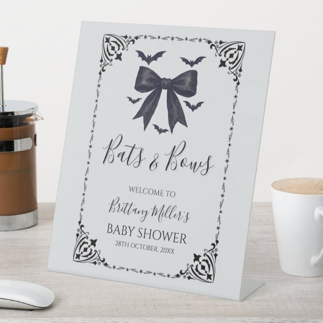 Bats and Bows Halloween Baby Shower Welcome Pedestal Sign (In SItu)