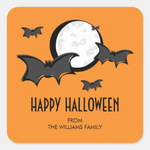 Bats and Moon Halloween Square Sticker Orange