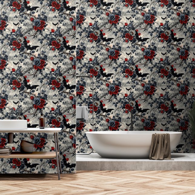 Bats And Roses Gothic Wallpaper (Bathroom)