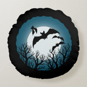 Bats and Trees Against the Moon Round Cushion