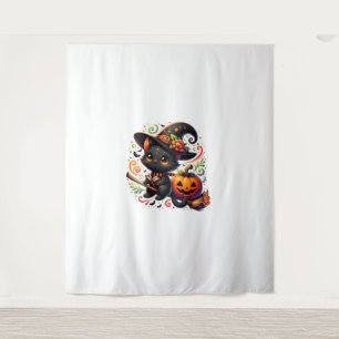 Bats Black Cat Witch Hat Wand Pumpkin Cute Hallowe Tapestry