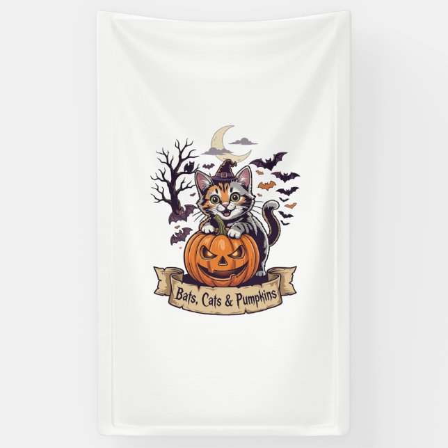 Bats Cats Pumpkins Halloween Witch Cat Spooky Tree Banner (Vertical)