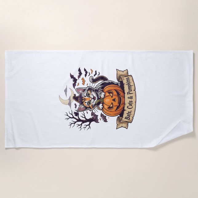 Bats Cats Pumpkins Halloween Witch Cat Spooky Tree Beach Towel (Front)