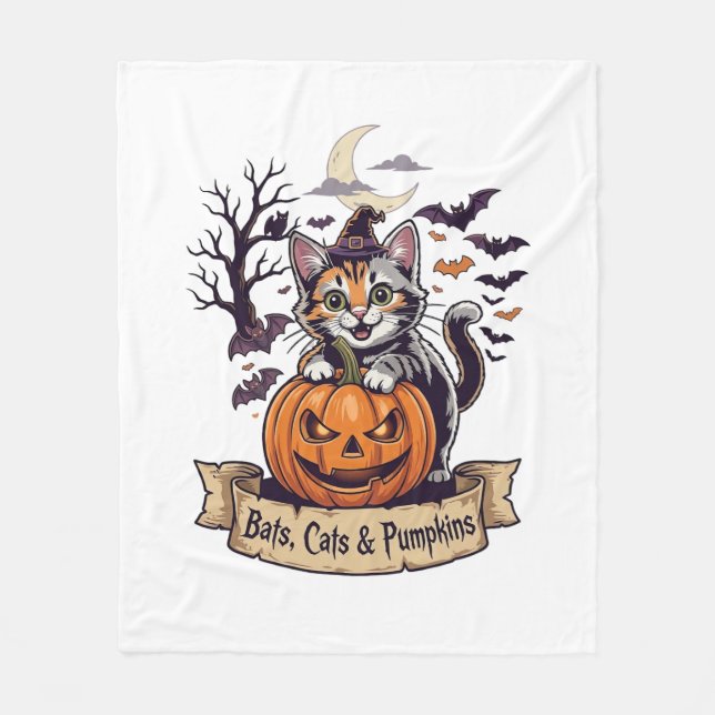 Bats Cats Pumpkins Halloween Witch Cat Spooky Tree Fleece Blanket (Front)