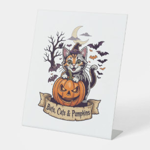 Bats Cats Pumpkins Halloween Witch Cat Spooky Tree Pedestal Sign