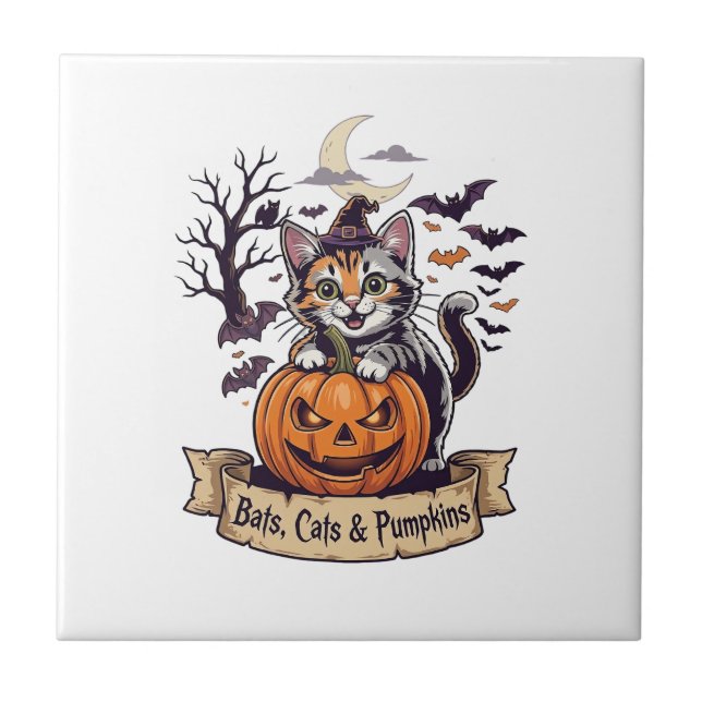 Bats Cats Pumpkins Halloween Witch Cat Spooky Tree Tile (Front)