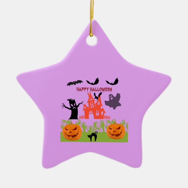 Bats Dancing, Zombie Hands Emerging, Ghost, Raven Ceramic Tree Decoration (Front)