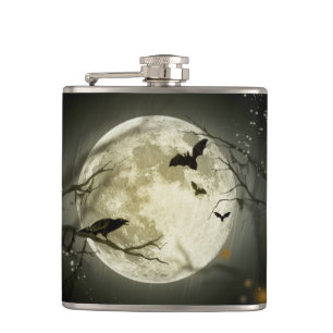 Bats fly Crow sits in Front of Halloween Full Moon Hip Flask