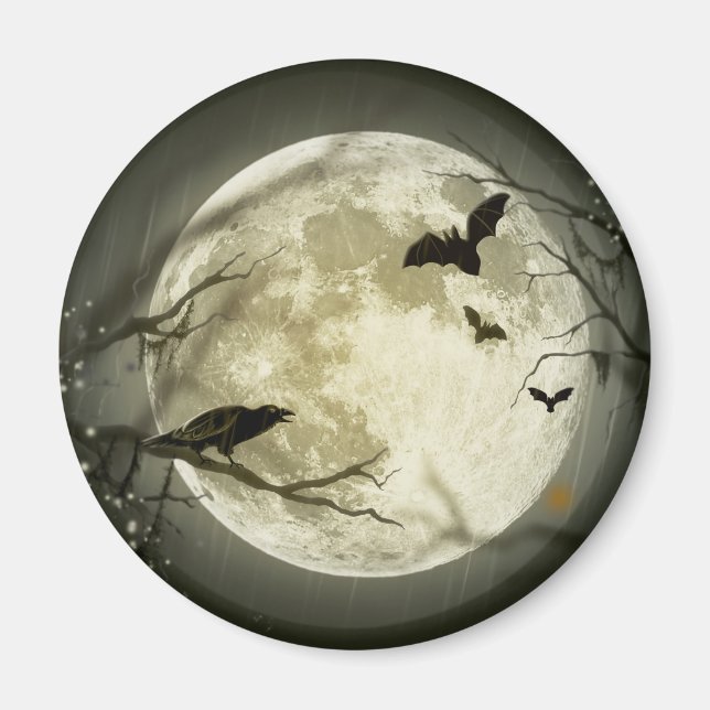 Bats fly Crow sits in Front of Halloween Full Moon Magnet (Front)