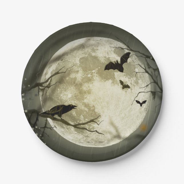 Bats fly Crow sits in Front of Halloween Full Moon Paper Plate (Front)