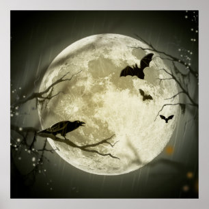 Bats fly Crow sits in Front of Halloween Full Moon Poster