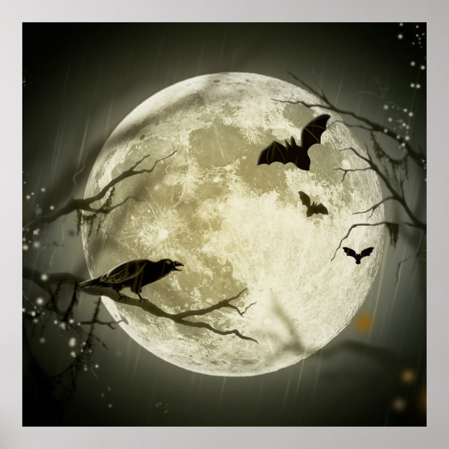 Bats fly Crow sits in Front of Halloween Full Moon Poster (Front)