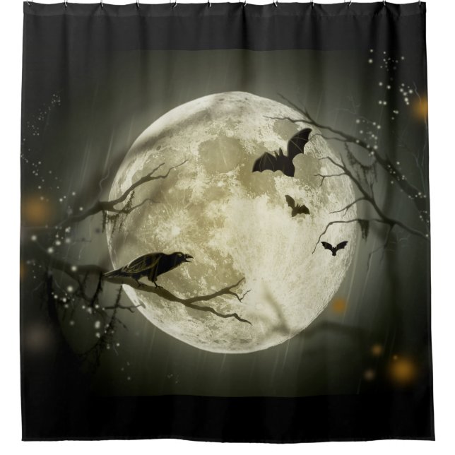 Bats fly Crow sits in Front of Halloween Full Moon Shower Curtain (Front)