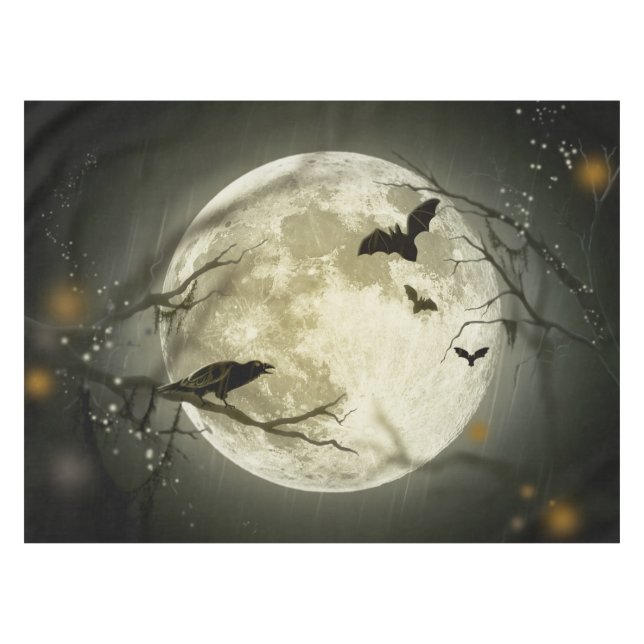 Bats fly Crow sits in Front of Halloween Full Moon Tablecloth (Front (Horizontal))