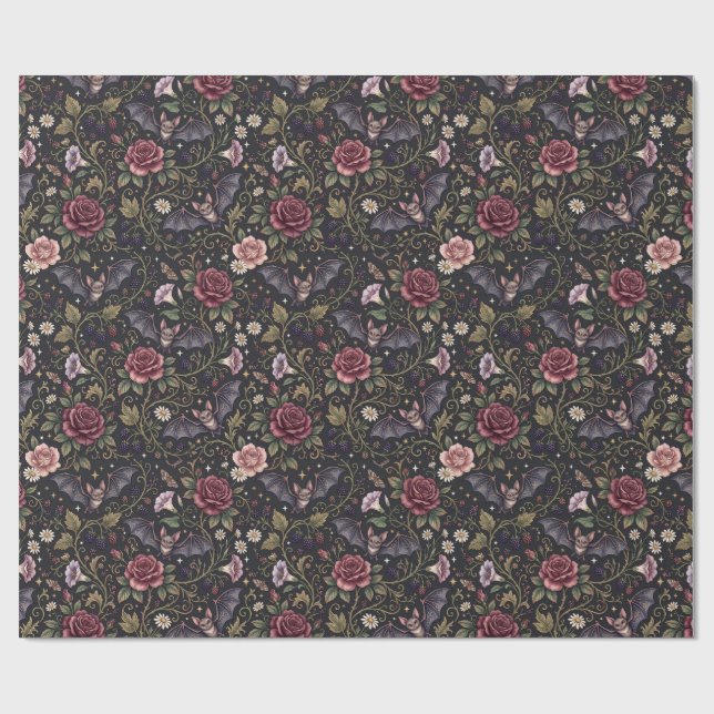 Bats Flying Through Roses Gothic Wrapping Paper (Flat)