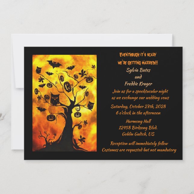 Bats & Owls in Tree Elegant Halloween Wedding Invitation (Front)