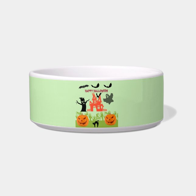 Bats, Raven, Ghost, Pumpkins, Haunted House Bowl (Front)