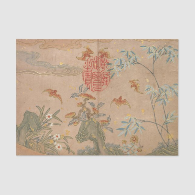 Bats Rocks Flowers Oval Calligraphy by Zhang Ruoai Tissue Paper (Front)