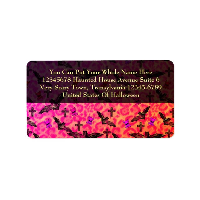 Bats Skulls Crosses Pink Orange Leopard Print Label (Front)