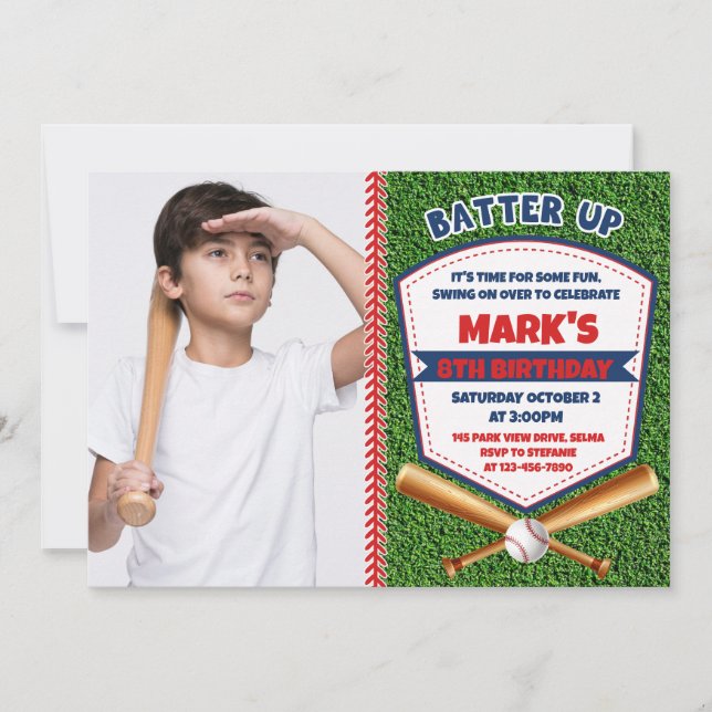 Batter Up Baseball Boy Birthday Photo Invitation (Front)