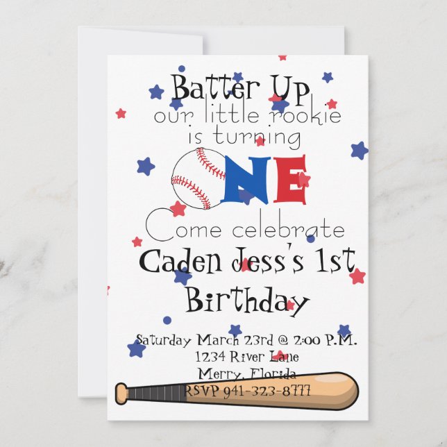 Batter Up Baseball First Birthday Invitation (Front)