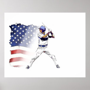 Batter Up! - Baseball Player and USA Flag  Poster