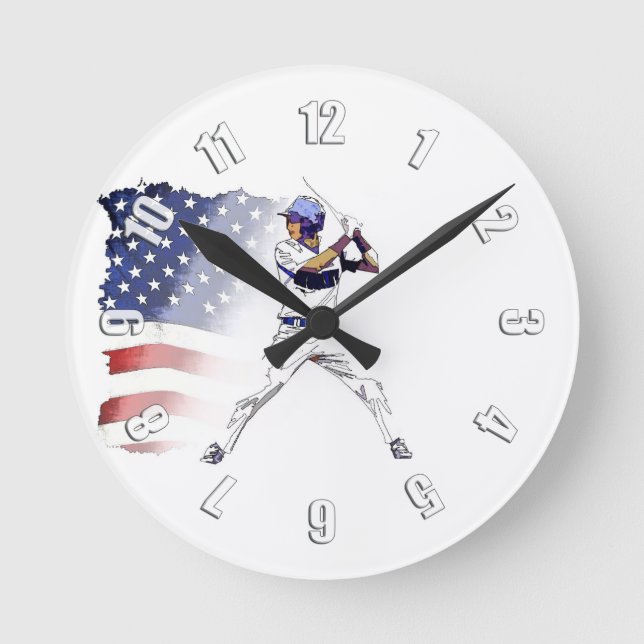 Batter Up! - Baseball Player and USA Flag  Round Clock (Front)