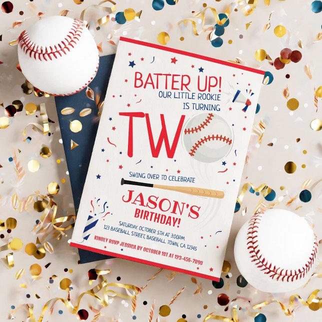 Batter Up Baseball Red Little Rookie 2nd Birthday Invitation (Creator Uploaded)