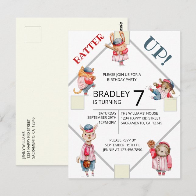 Batter Up! Baseball Sports Boys Birthday Party Inv Postcard (Front/Back)