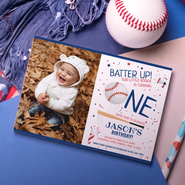 Batter Up Blue Rookie Baseball Photo 1st Birthday Invitation (Creator Uploaded)