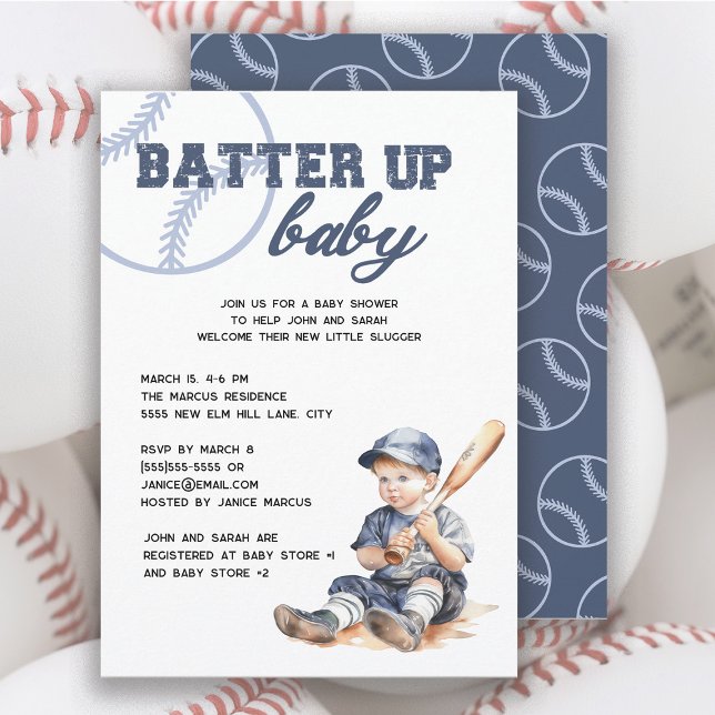 Batter Up Blue White Baseball Baby Shower Invitation ("Batter Up Baby" baseball baby shower invitation)