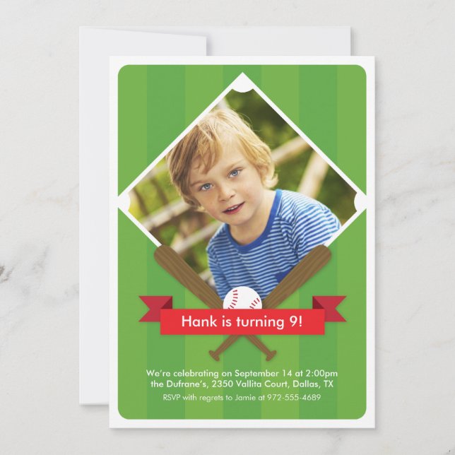 Batter Up Children's Party Invitation - Crimson (Front)