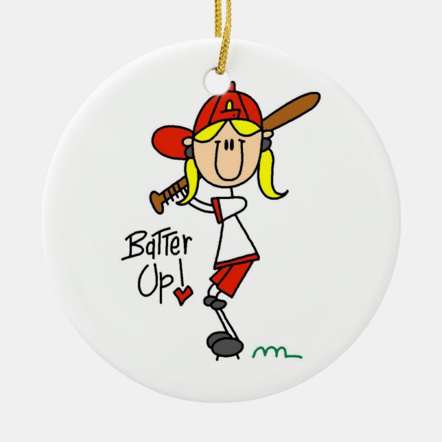 Batter Up Girls Baseball T-shirts and Gifts Ceramic Tree Decoration (Front)