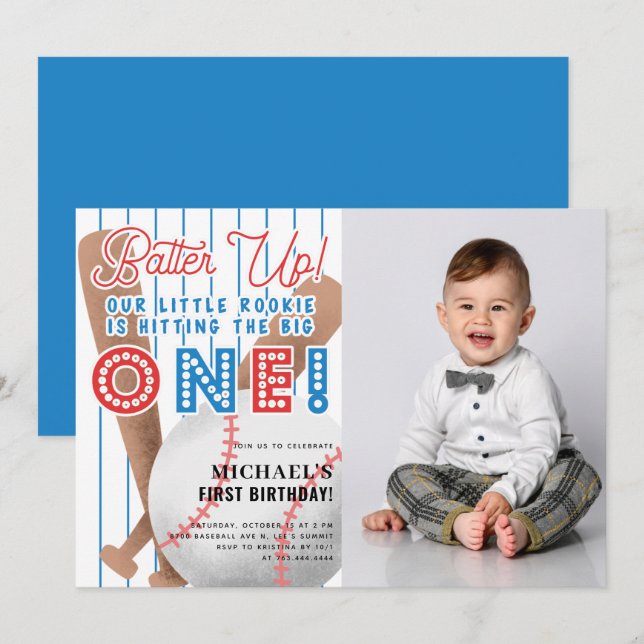 Batter Up Little Rookie Sports 1st Birthday Photo Invitation (Front/Back)