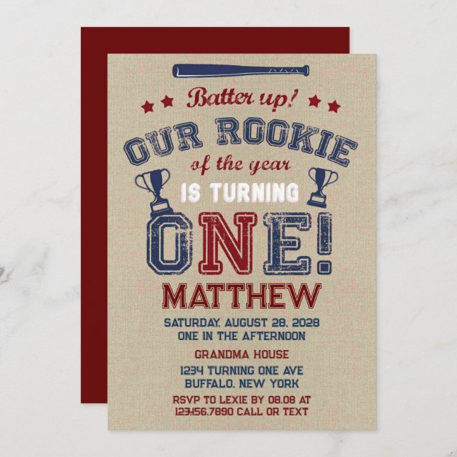 Batter Up Our Little Rookie Is Turning One Invitation (Front/Back)