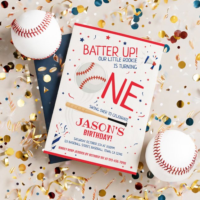 Batter Up Red Little Rookie Baseball 1st Birthday Invitation (Creator Uploaded)