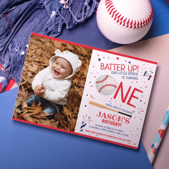 Batter Up Red Rookie Baseball Photo 1st Birthday Invitation (Creator Uploaded)