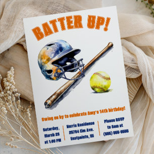 Batter Up!  Swing on By! Softball Birthday Party Invitation