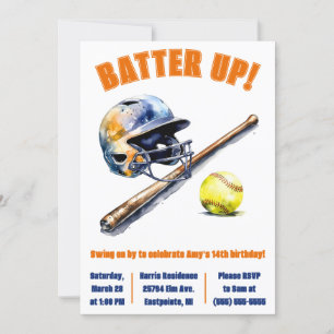 Batter Up! Swing on By! Softball Birthday Party Invitation