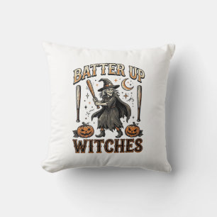 Batter Up Witches Vintage Halloween Baseball Desig Cushion